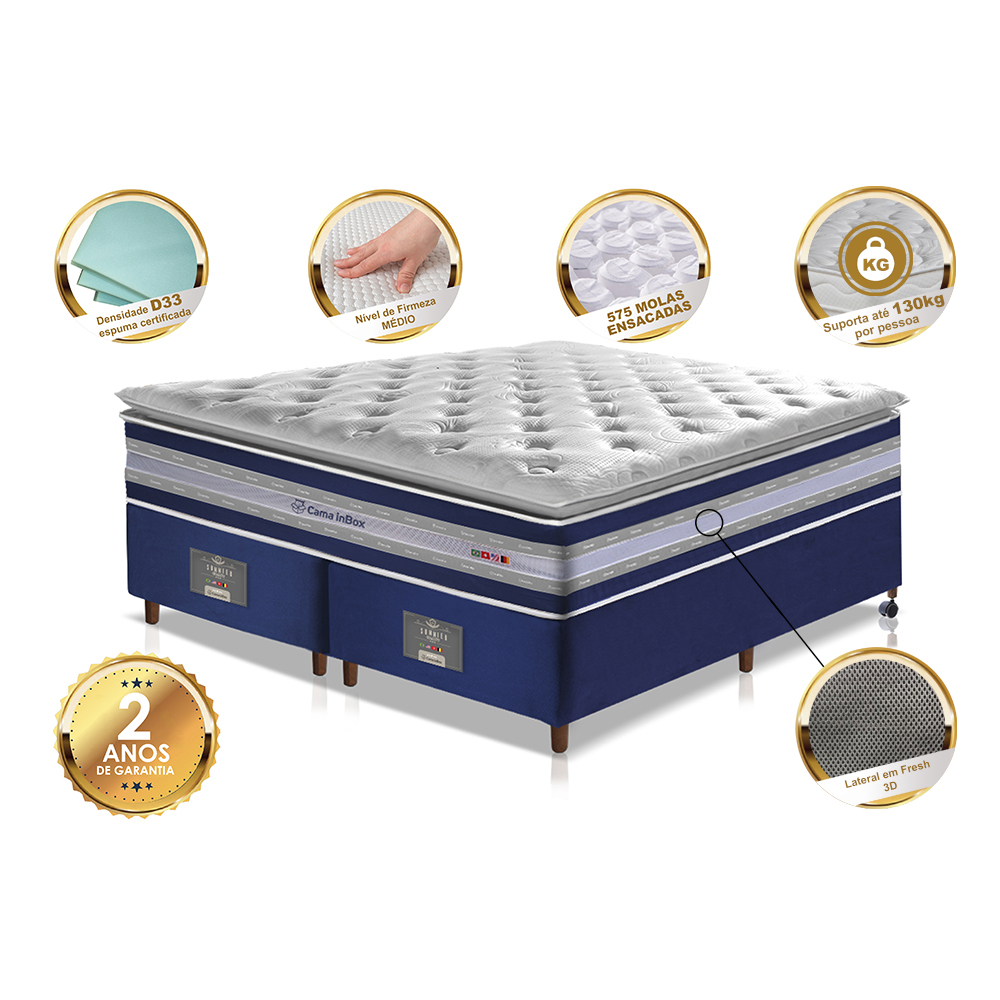 Conjunto Cama Box Queen de Molas Ensacadas D33 com Pillow TOP Cama inBox Select 158x198x70 Azul