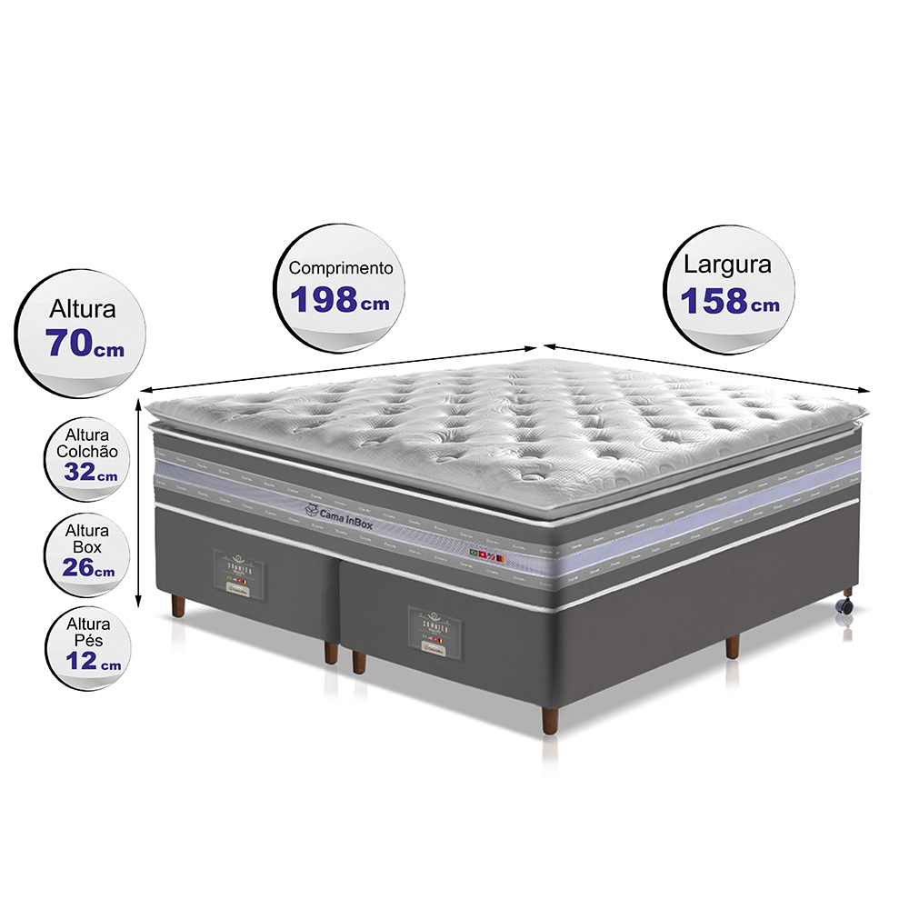 Conjunto Cama Box Queen de Molas Ensacadas D33 com Pillow TOP Cama inBox Select 158x198x70 Cinza