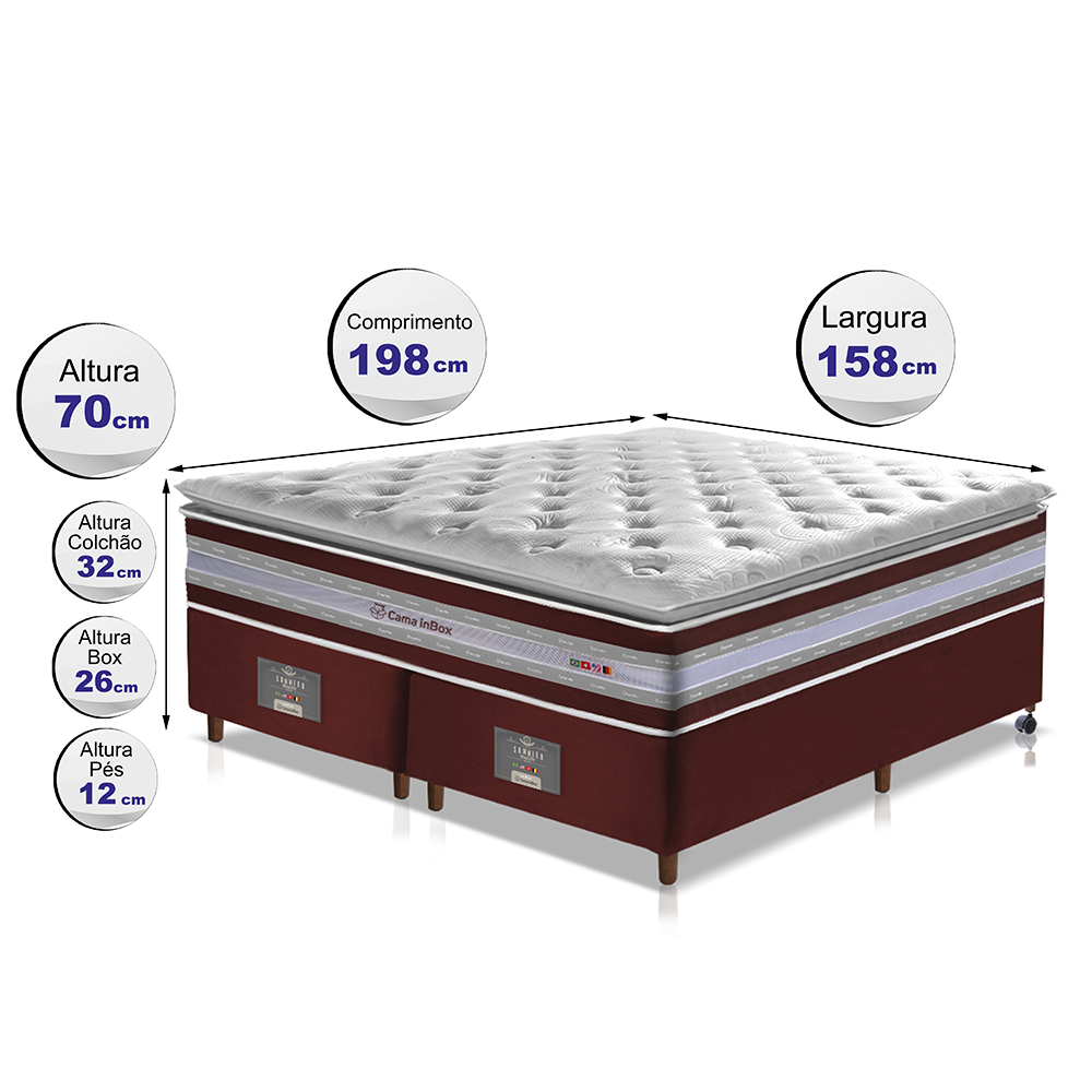 Conjunto Cama Box Queen de Molas Ensacadas D33 com Pillow TOP Cama inBox Select 158x198x70 Vinho