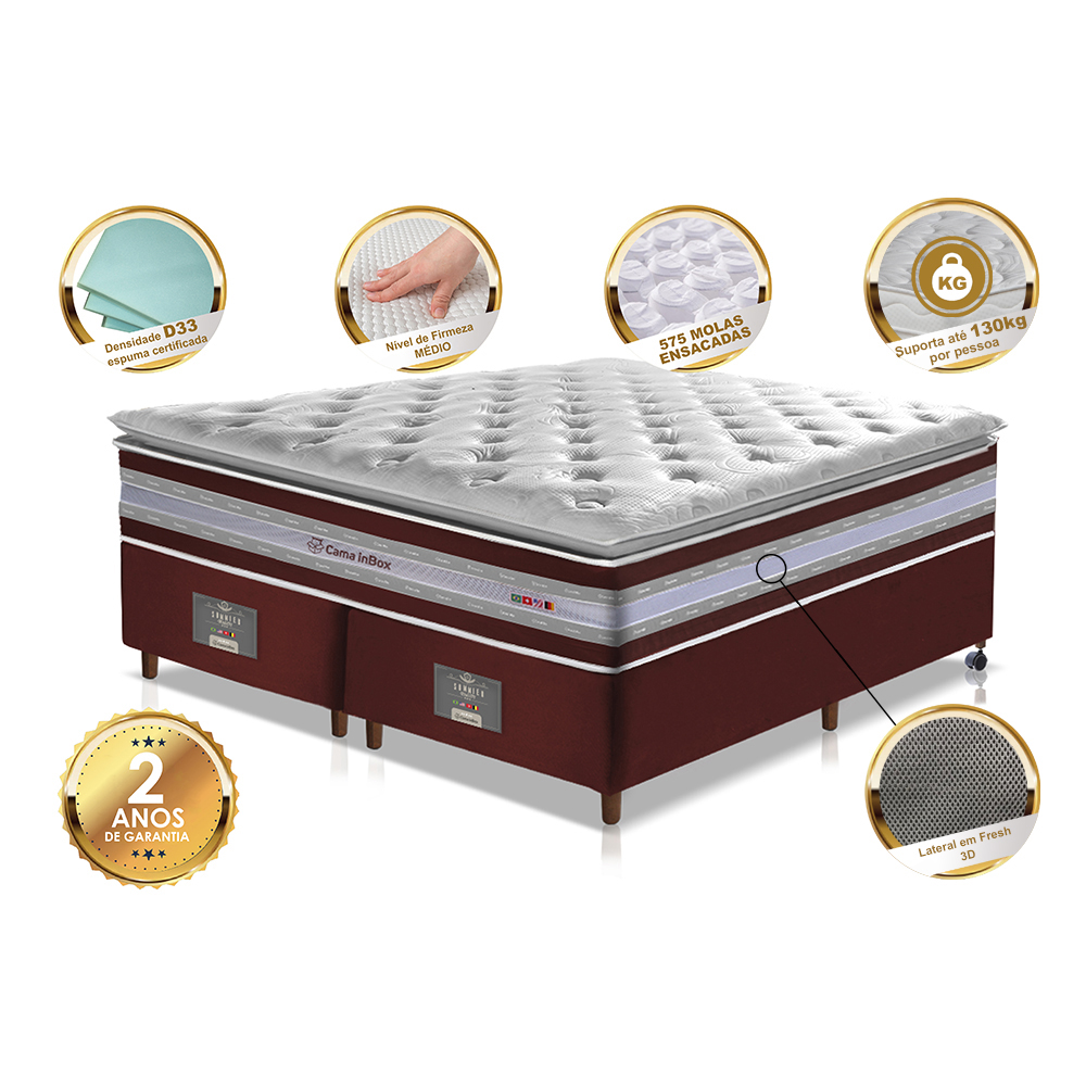 Conjunto Cama Box Queen de Molas Ensacadas D33 com Pillow TOP Cama inBox Select 158x198x70 Vinho