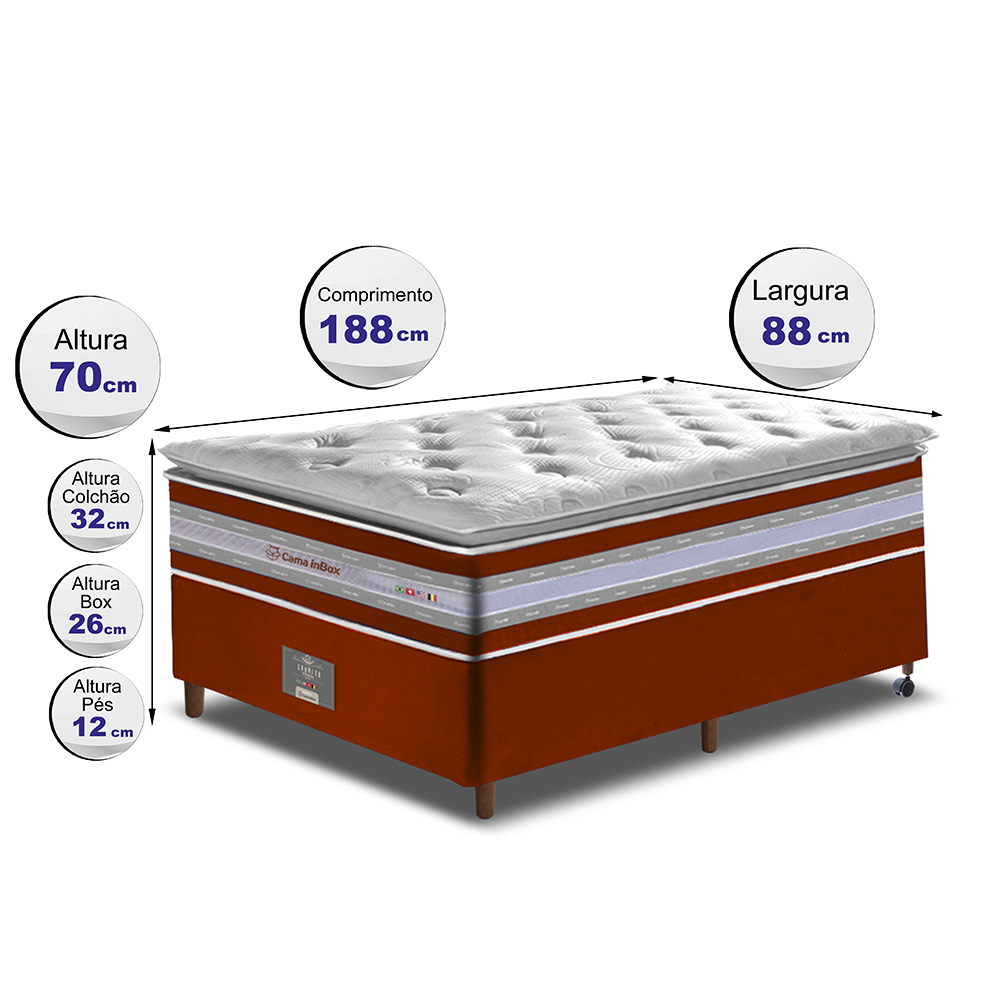 Conjunto Cama Box Solteiro de Molas Ensacada D33 com Pillow TOP Cama inBox Select 88x188x70 Vermelho