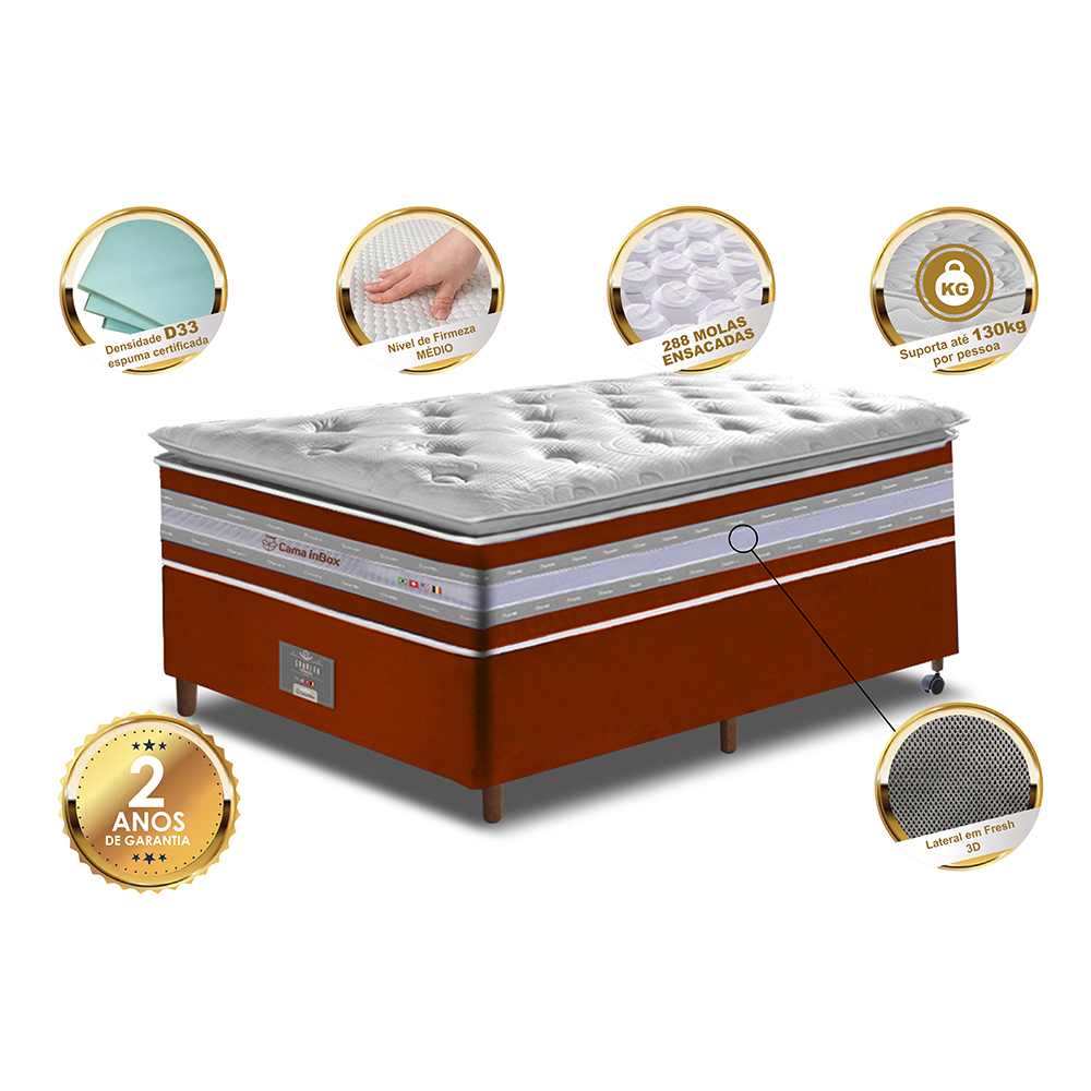 Conjunto Cama Box Solteiro de Molas Ensacada D33 com Pillow TOP Cama inBox Select 88x188x70 Vermelho