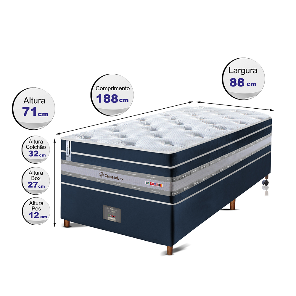 Conjunto Cama Box Solteiro de Molas Ensacadas Cama inBox Select Euro Soft 88x188x71 Azul