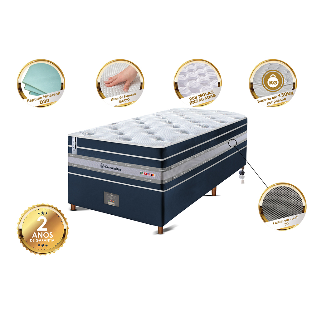Conjunto Cama Box Solteiro de Molas Ensacadas Cama inBox Select Euro Soft 88x188x71 Azul