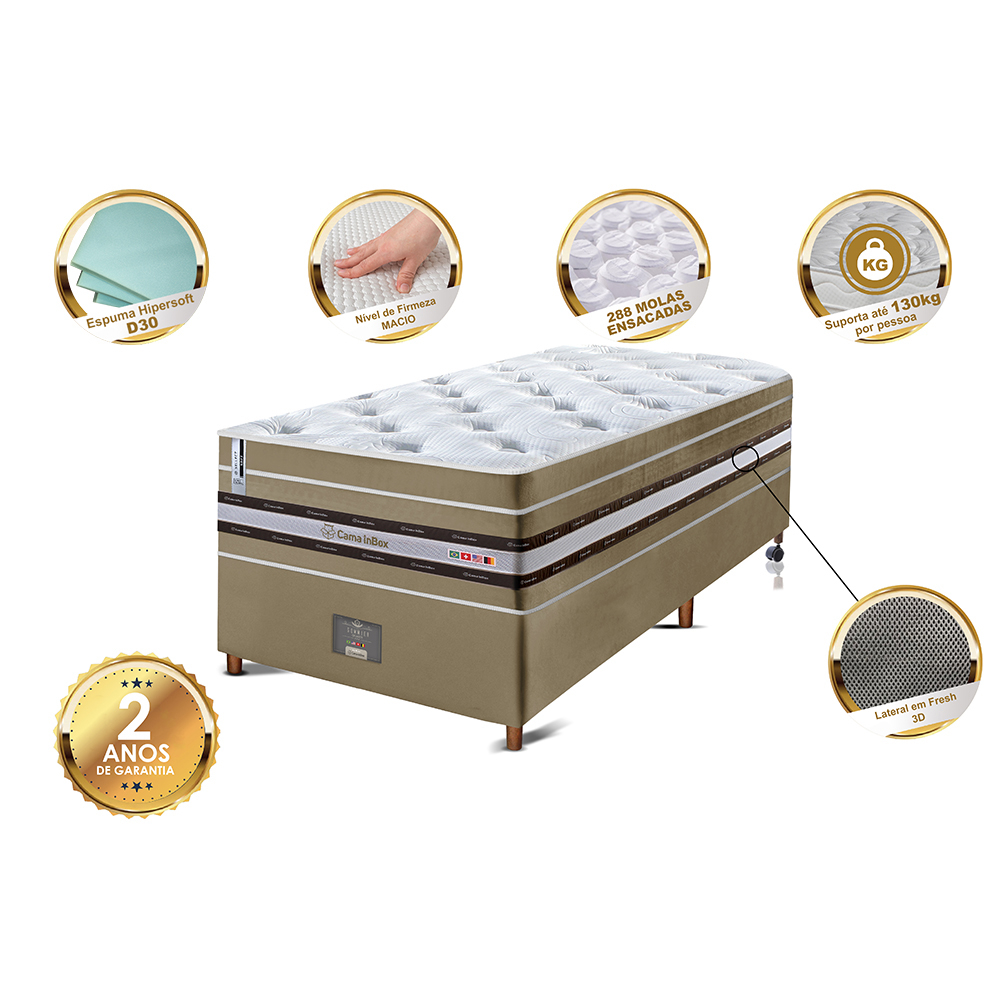 Conjunto Cama Box Solteiro de Molas Ensacadas Cama inBox Select Euro Soft 88x188x71 Bege