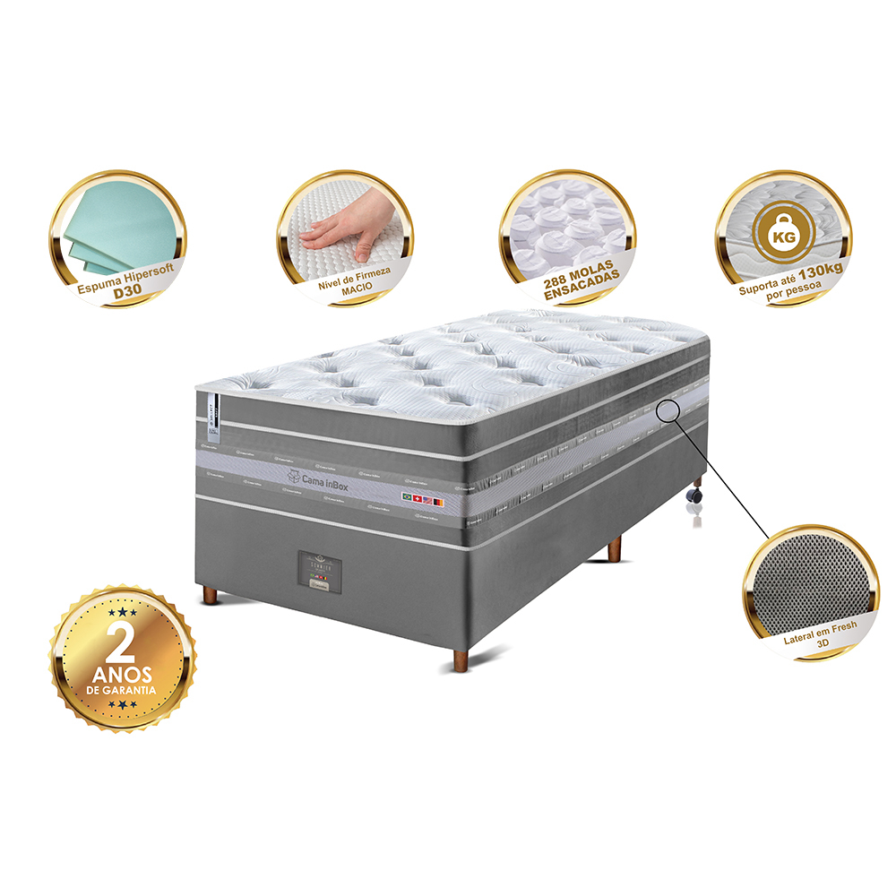 Conjunto Cama Box Solteiro de Molas Ensacadas Cama inBox Select Euro Soft 88x188x71 Cinza