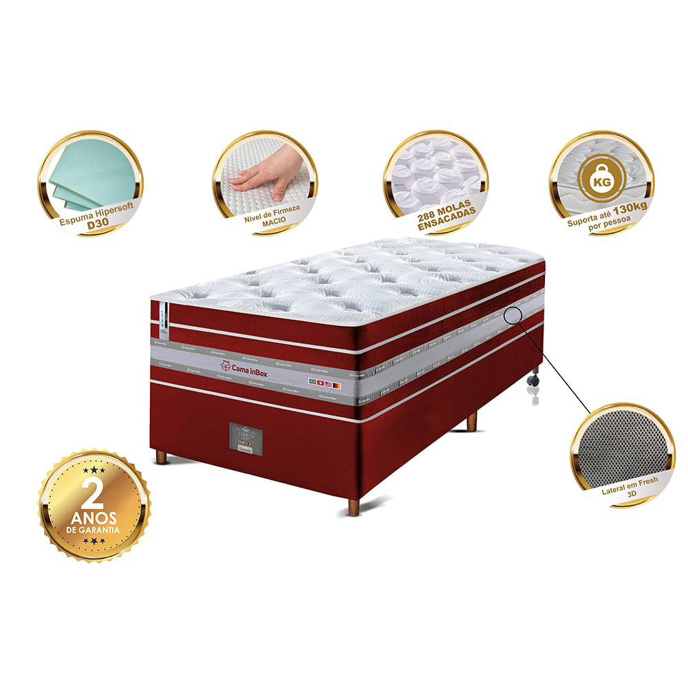 Conjunto Cama Box Solteiro de Molas Ensacadas Cama inBox Select Euro Soft 88x188x71 Vermelho