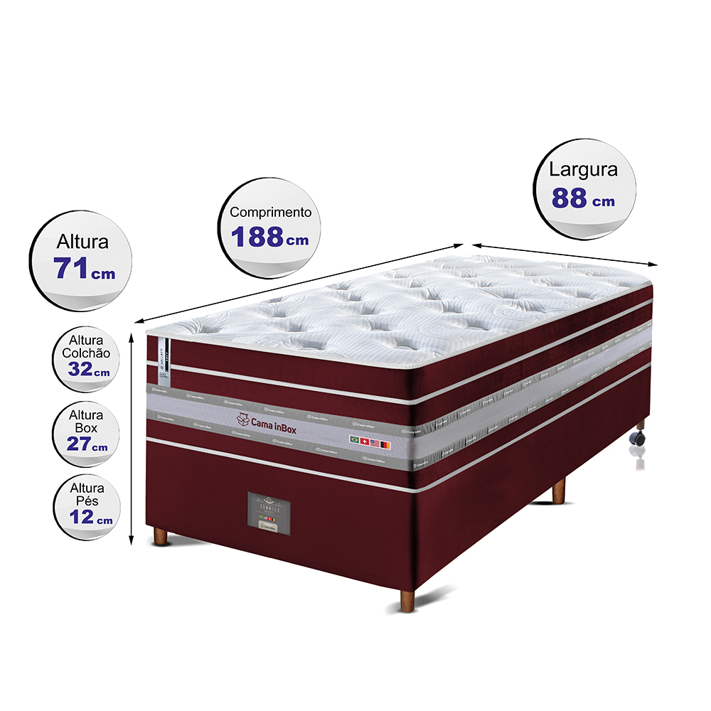 Conjunto Cama Box Solteiro de Molas Ensacadas Cama inBox Select Euro Soft 88x188x71 Vinho