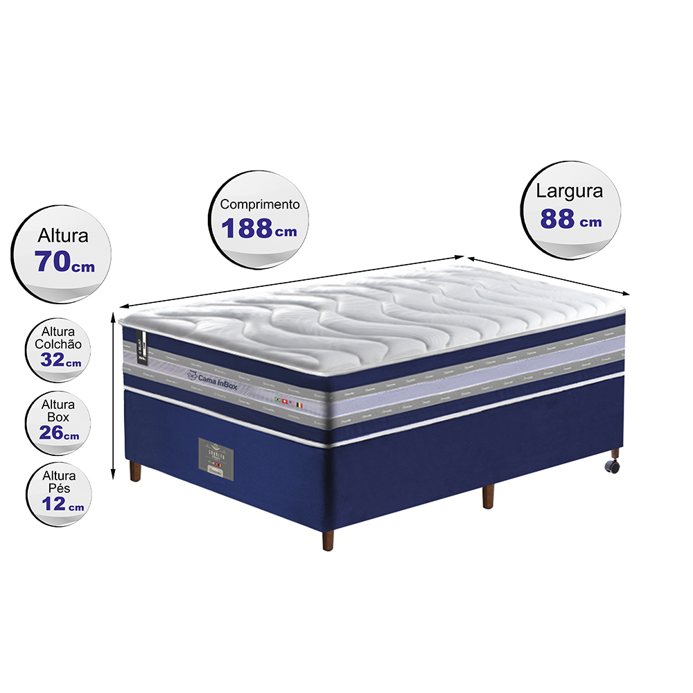 Conjunto Cama Box Solteiro de Molas Ensacadas D33 Cama inBox Select Firme 88x188x70 Azul