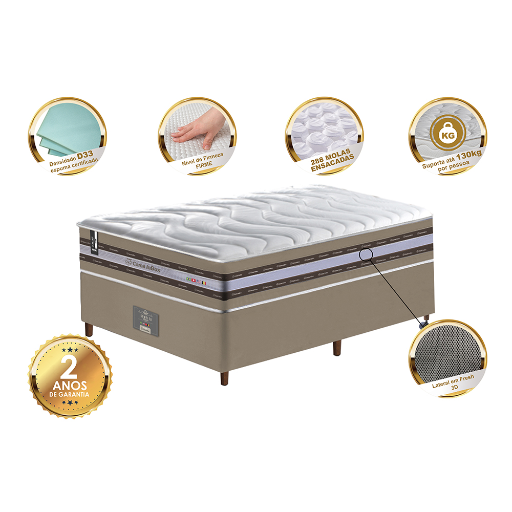 Conjunto Cama Box Solteiro de Molas Ensacadas D33 Cama inBox Select Firme 88x188x70 Bege