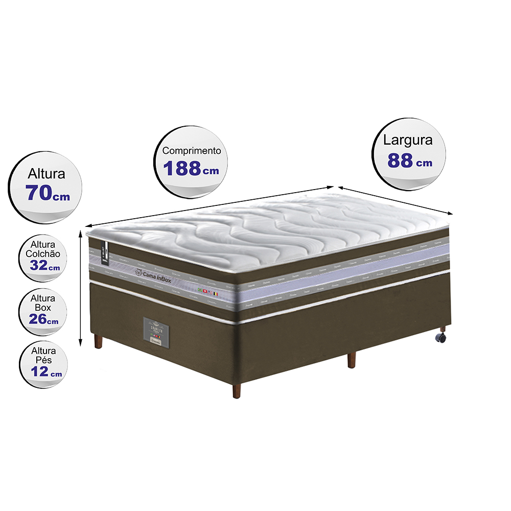 Conjunto Cama Box Solteiro de Molas Ensacadas D33 Cama inBox Select Firme 88x188x70 Café