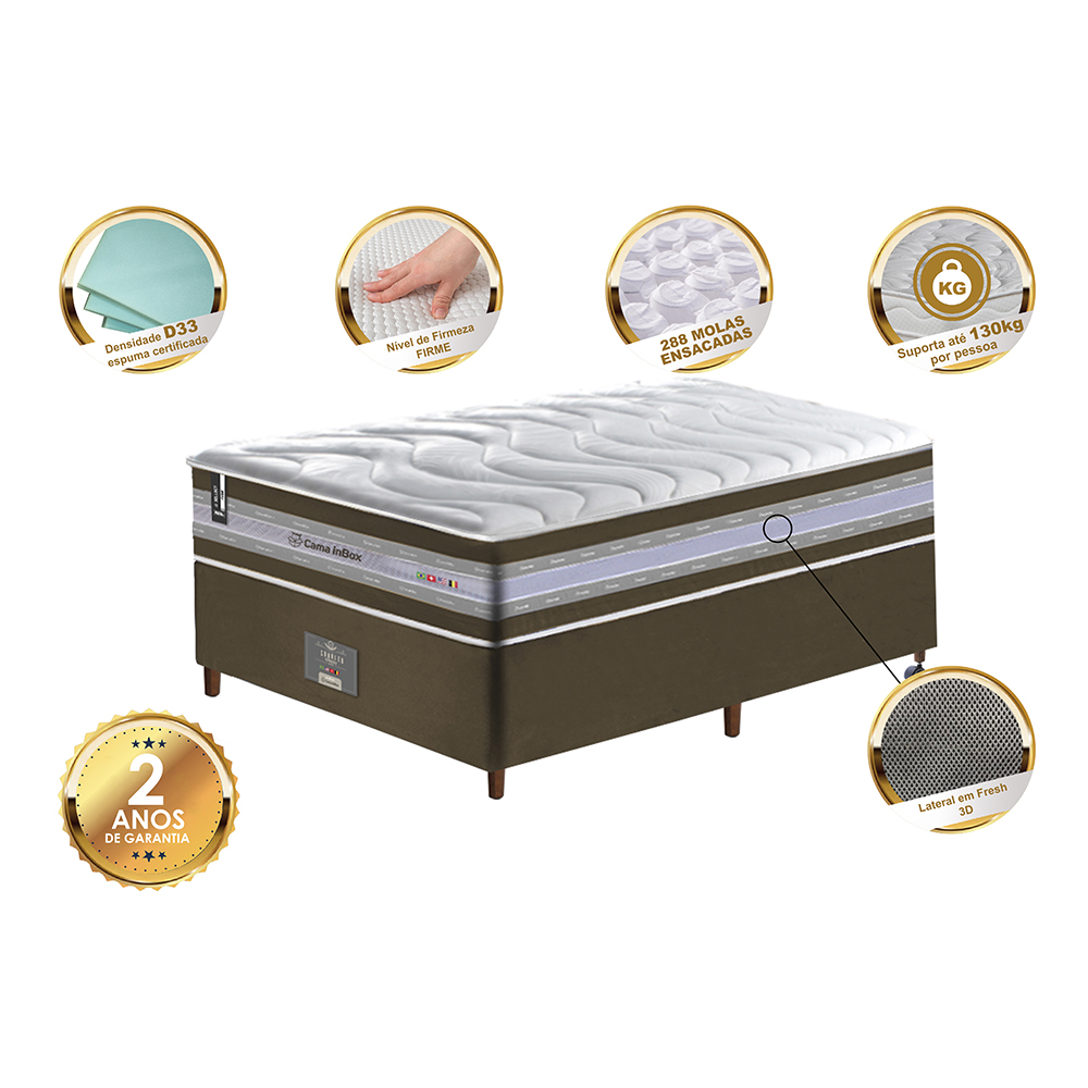 Conjunto Cama Box Solteiro de Molas Ensacadas D33 Cama inBox Select Firme 88x188x70 Café