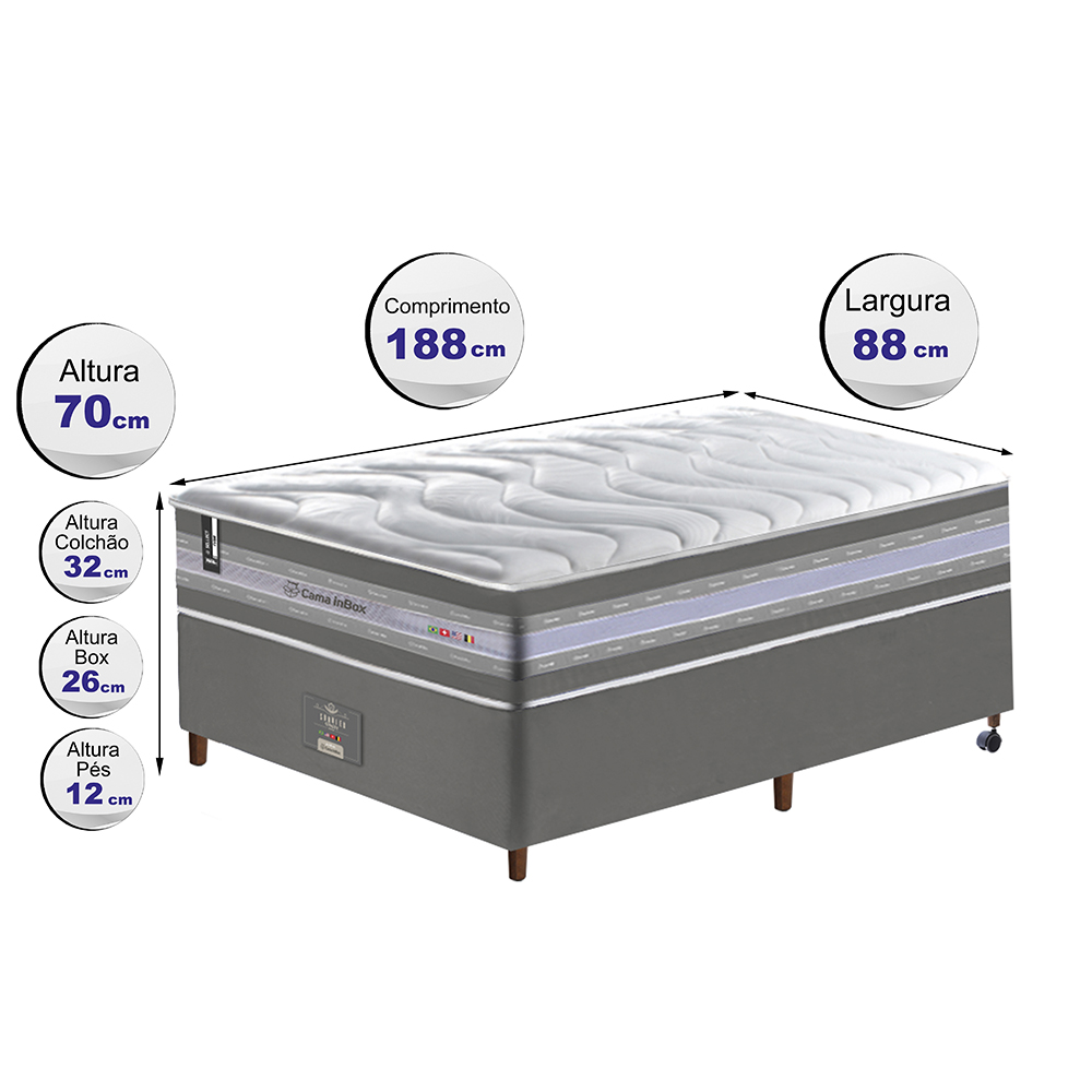 Conjunto Cama Box Solteiro de Molas Ensacadas D33 Cama inBox Select Firme 88x188x70 Cinza