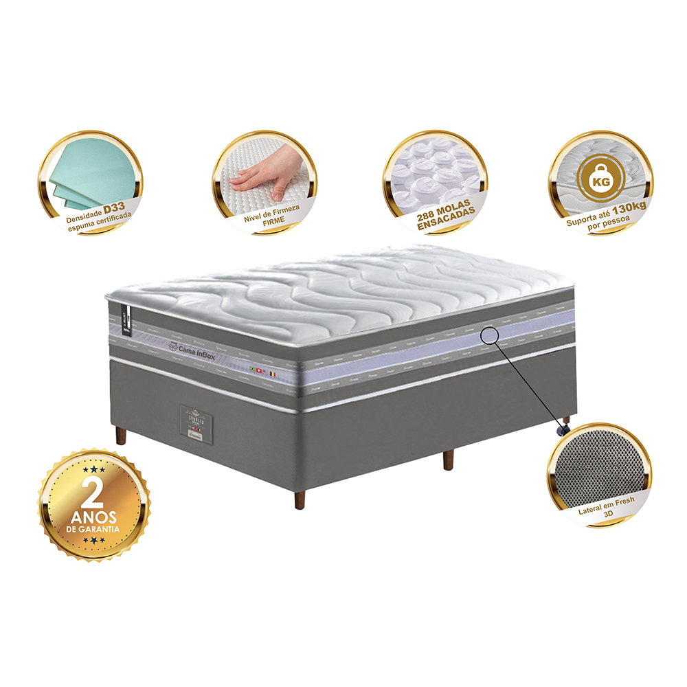 Conjunto Cama Box Solteiro de Molas Ensacadas D33 Cama inBox Select Firme 88x188x70 Cinza