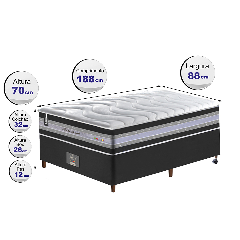 Conjunto Cama Box Solteiro de Molas Ensacadas D33 Cama inBox Select Firme 88x188x70 Preto