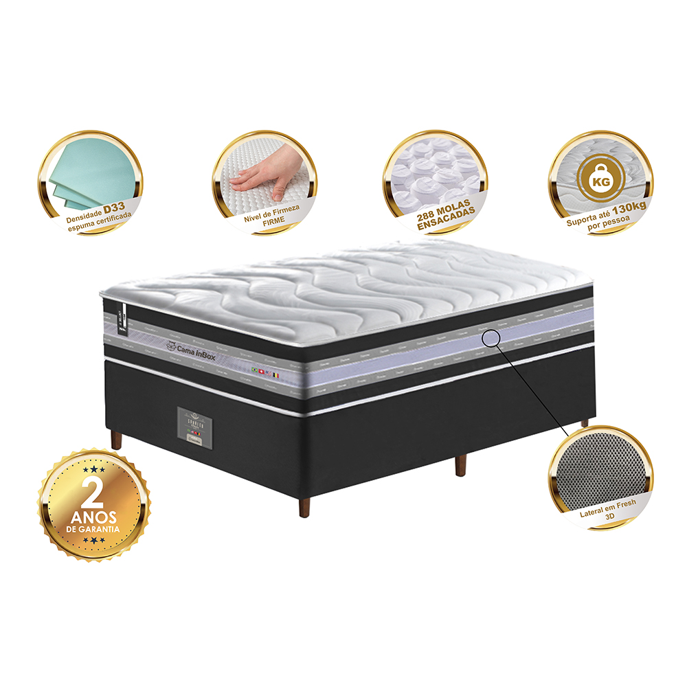 Conjunto Cama Box Solteiro de Molas Ensacadas D33 Cama inBox Select Firme 88x188x70 Preto