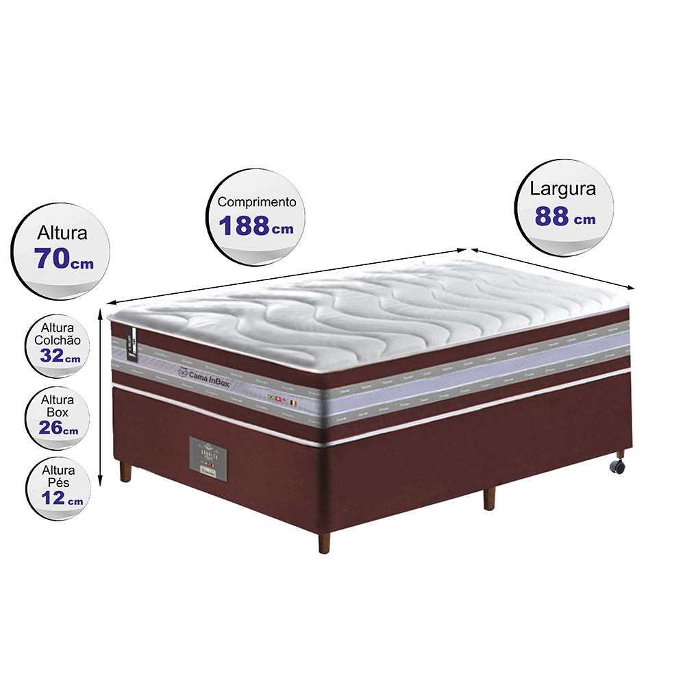 Conjunto Cama Box Solteiro de Molas Ensacadas D33 Cama inBox Select Firme 88x188x70 Vinho