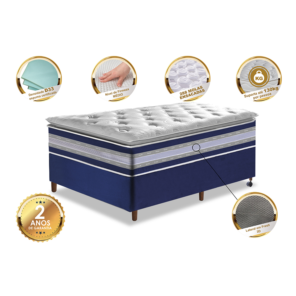 Conjunto Cama Box Solteiro de Molas Ensacadas D33 com Pillow TOP Cama inBox Select 88x188x70 Azul