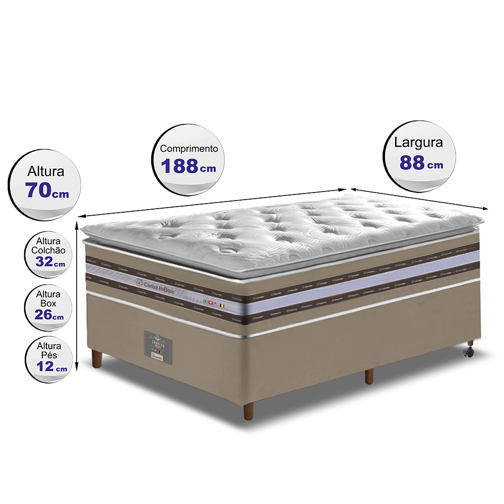 Conjunto Cama Box Solteiro de Molas Ensacadas D33 com Pillow TOP Cama inBox Select 88x188x70 Bege