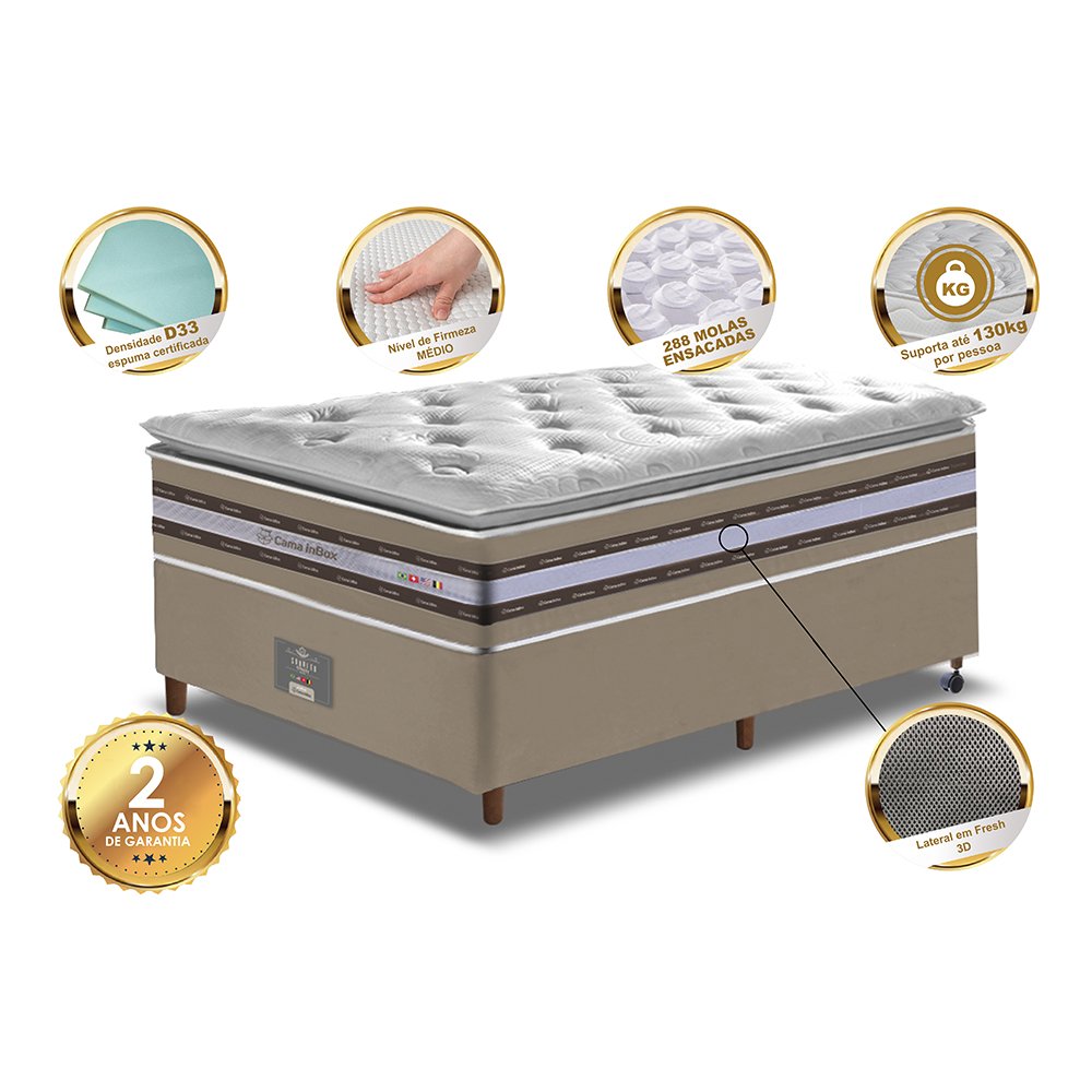 Conjunto Cama Box Solteiro de Molas Ensacadas D33 com Pillow TOP Cama inBox Select 88x188x70 Bege