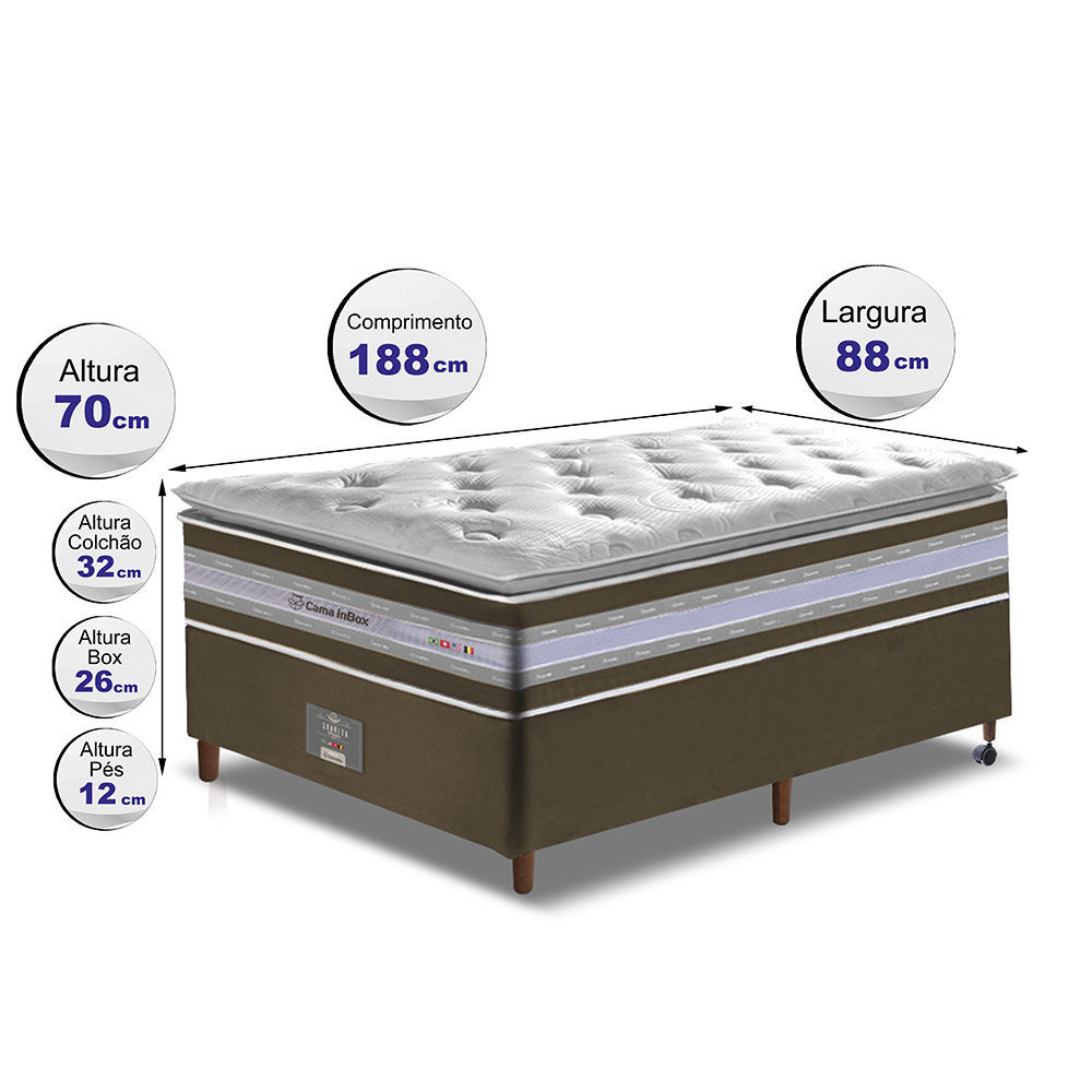 Conjunto Cama Box Solteiro de Molas Ensacadas D33 com Pillow TOP Cama inBox Select 88x188x70 Café