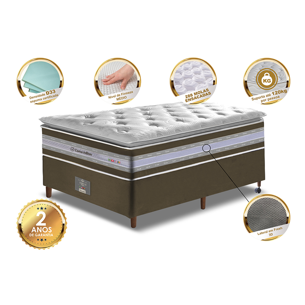 Conjunto Cama Box Solteiro de Molas Ensacadas D33 com Pillow TOP Cama inBox Select 88x188x70 Café