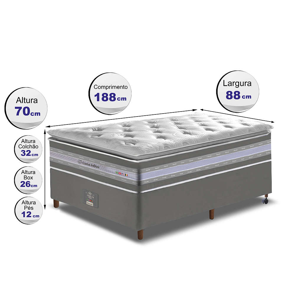 Conjunto Cama Box Solteiro de Molas Ensacadas D33 com Pillow TOP Cama inBox Select 88x188x70 Cinza