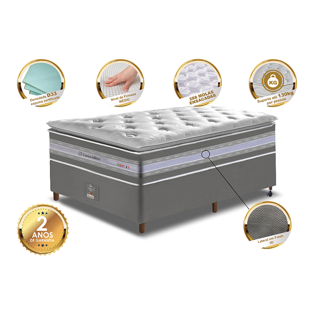 Conjunto Cama Box Solteiro de Molas Ensacadas D33 com Pillow TOP Cama inBox Select 88x188x70 Cinza