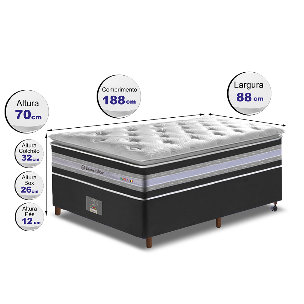 Conjunto Cama Box Solteiro de Molas Ensacadas D33 com Pillow TOP Cama inBox Select 88x188x70 Preto