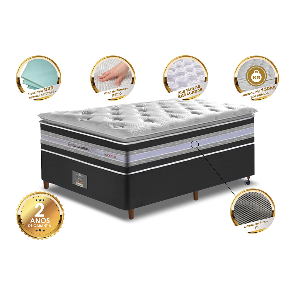 Conjunto Cama Box Solteiro de Molas Ensacadas D33 com Pillow TOP Cama inBox Select 88x188x70 Preto