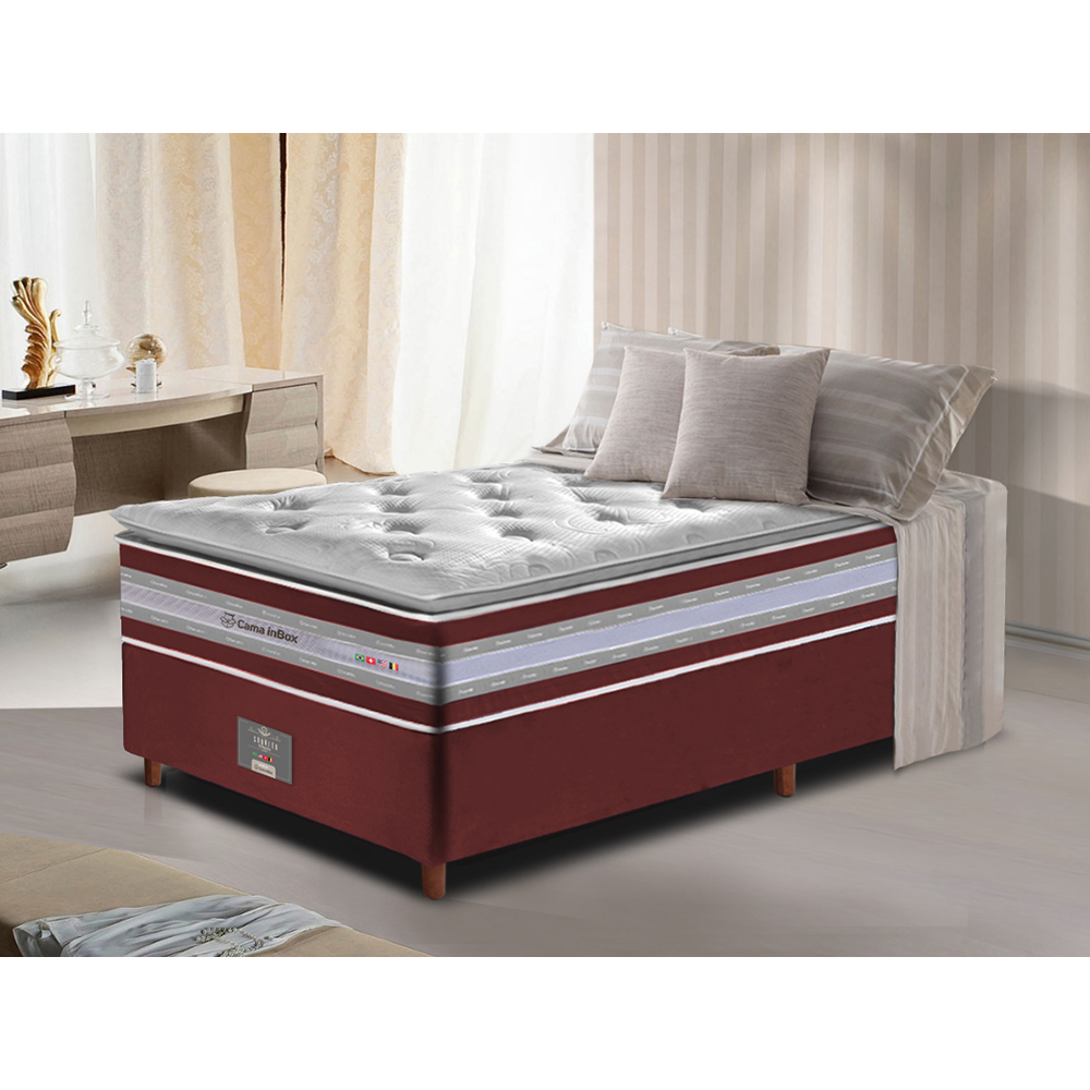 Conjunto Cama Box Solteiro de Molas Ensacadas D33 com Pillow TOP Cama inBox Select 88x188x70 Vinho