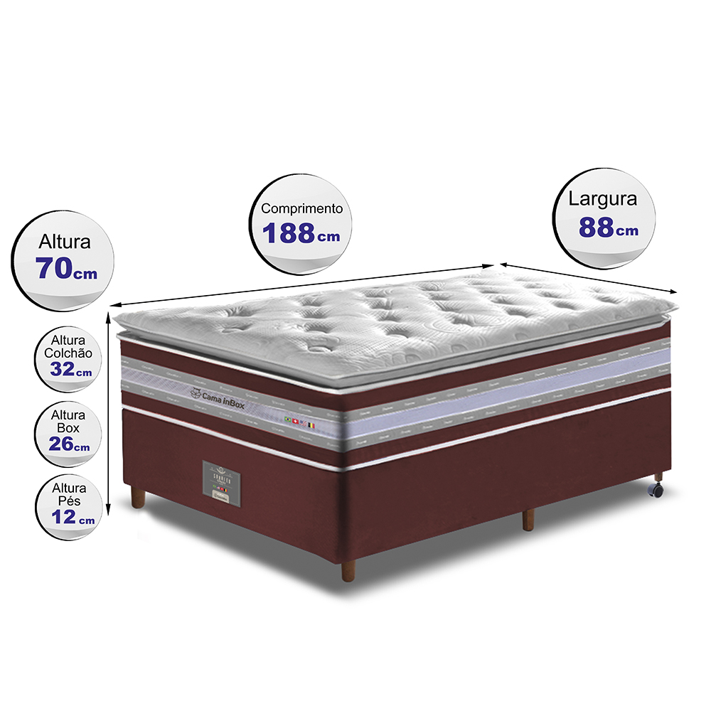 Conjunto Cama Box Solteiro de Molas Ensacadas D33 com Pillow TOP Cama inBox Select 88x188x70 Vinho