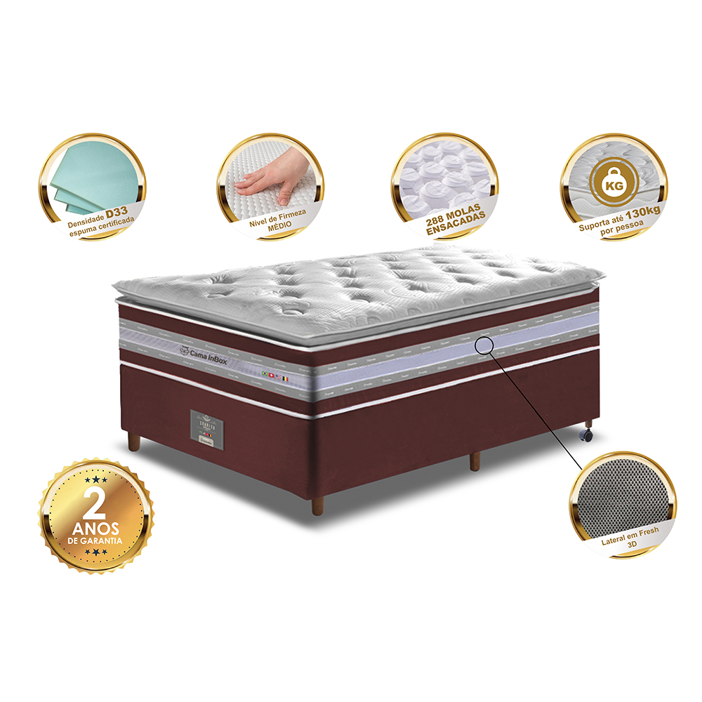 Conjunto Cama Box Solteiro de Molas Ensacadas D33 com Pillow TOP Cama inBox Select 88x188x70 Vinho