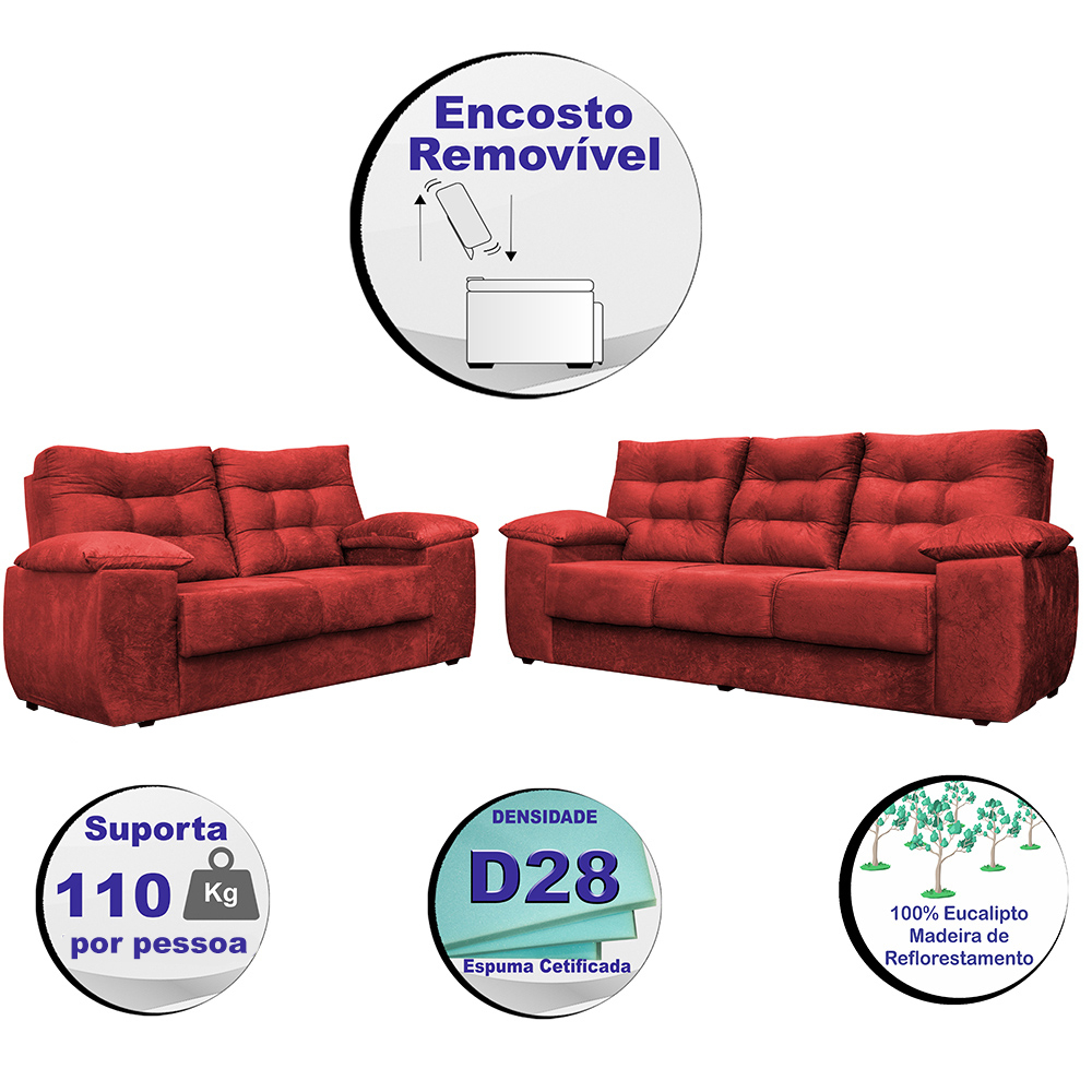 Conjunto Sofá Luxemburgo 3 E 2 Lugares 1,52m e 2,02m Suede Vermelho