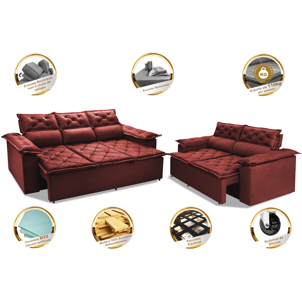 Conjunto de Sofá 3 e 2 Lugares Retrátil Reclinável Cama inBox Compact 2,00x1,50m Velusoft Vermelho