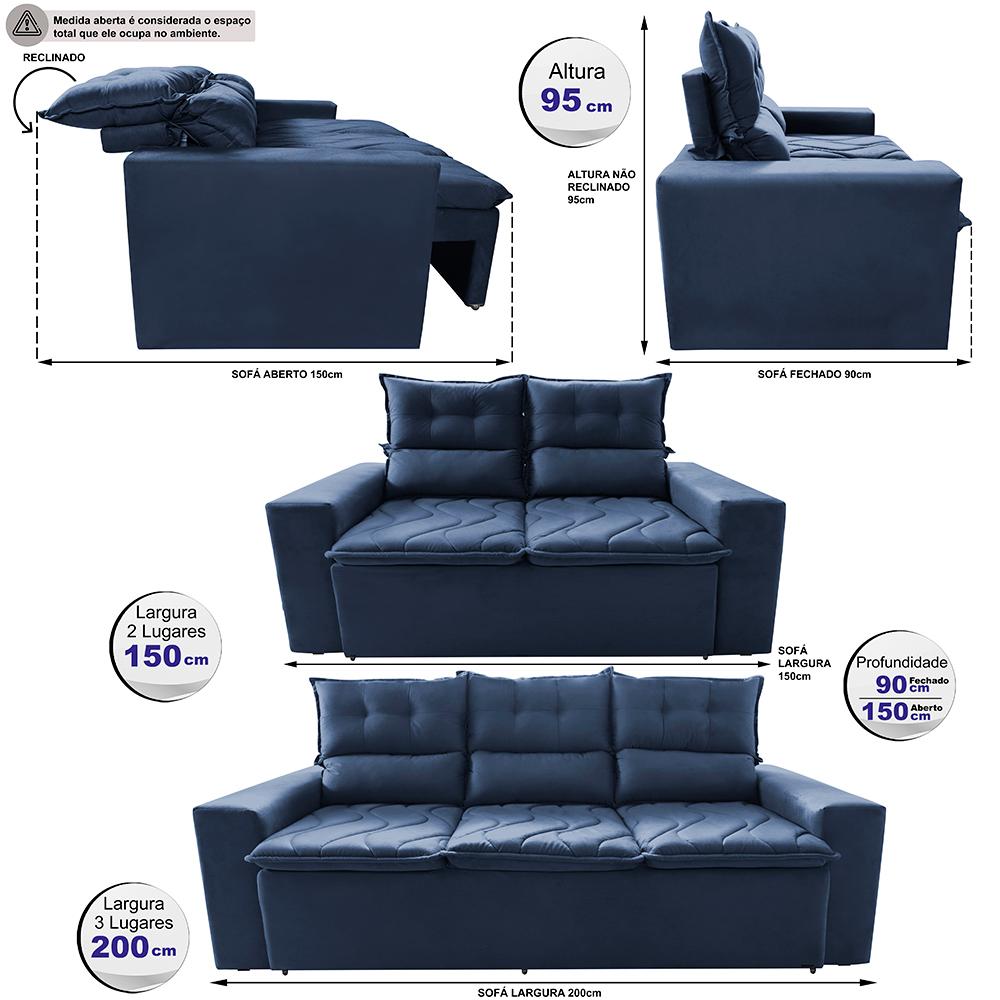 Conjunto de Sofá 3 e 2 Lugares Retrátil e Reclinável 2,00x1,50m Cama inBox Smal Suede Azul