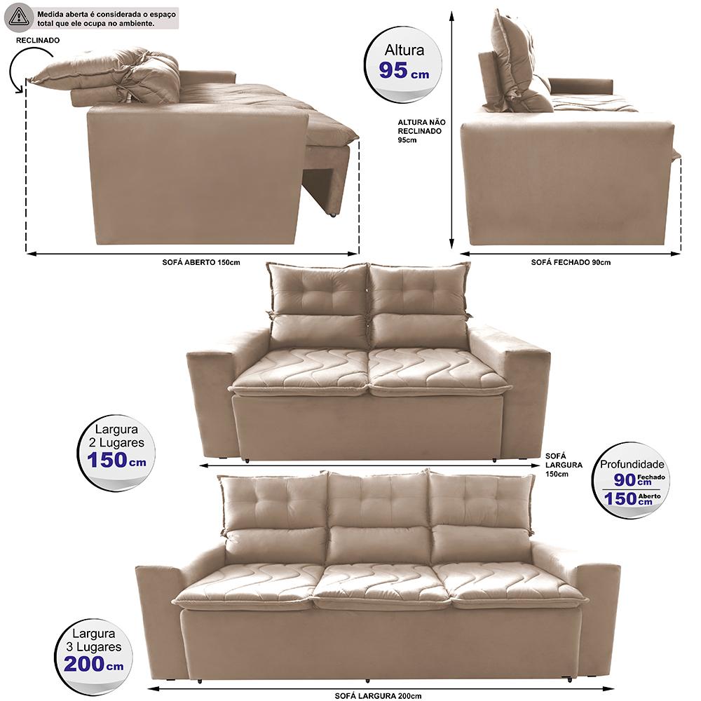Conjunto de Sofá 3 e 2 Lugares Retrátil e Reclinável 2,00x1,50m Cama inBox Smal Suede Bege