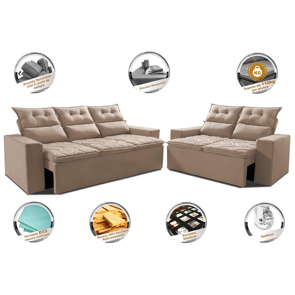 Conjunto de Sofá 3 e 2 Lugares Retrátil e Reclinável 2,00x1,50m Cama inBox Smal Suede Bege