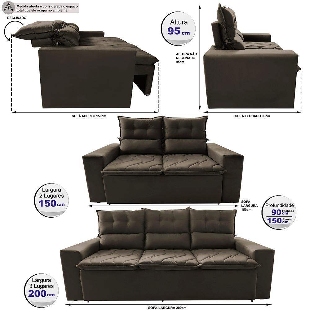 Conjunto de Sofá 3 e 2 Lugares Retrátil e Reclinável 2,00x1,50m Cama inBox Smal Suede Café