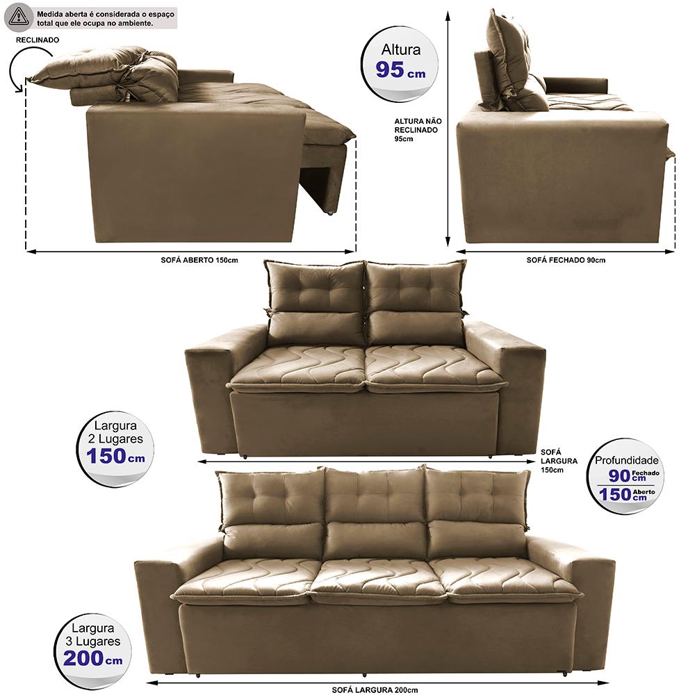 Conjunto de Sofá 3 e 2 Lugares Retrátil e Reclinável 2,00x1,50m Cama inBox Smal Suede Castor