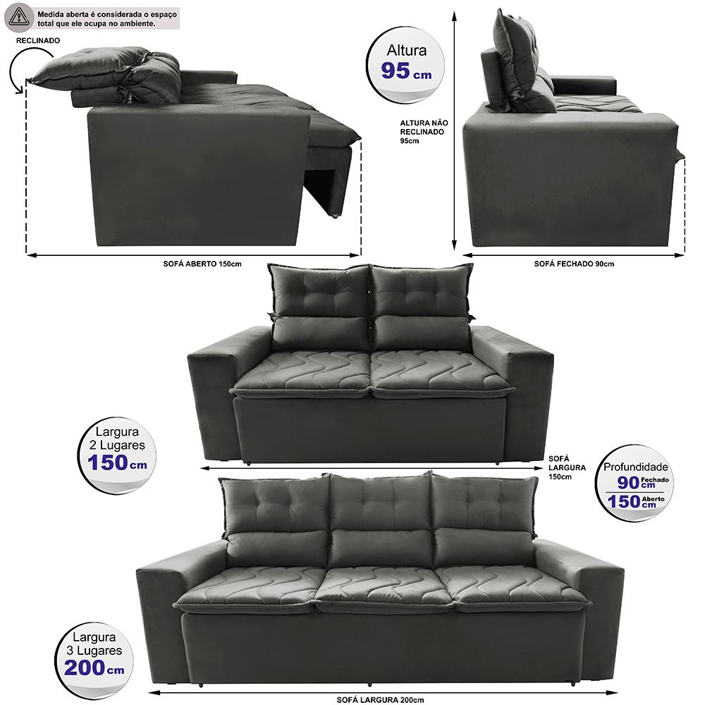 Conjunto de Sofá 3 e 2 Lugares Retrátil e Reclinável 2,00x1,50m Cama inBox Smal Suede Cinza