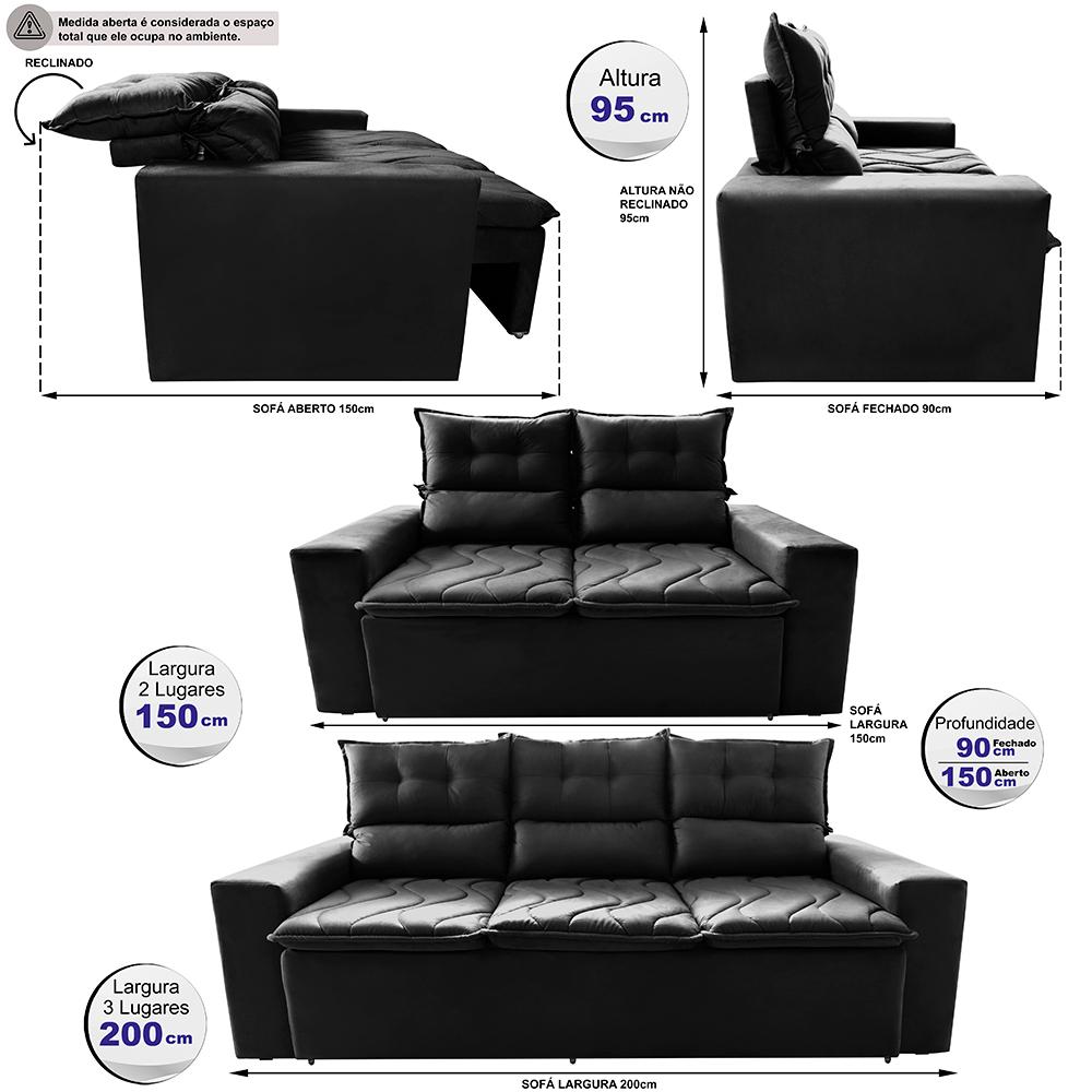 Conjunto de Sofá 3 e 2 Lugares Retrátil e Reclinável 2,00x1,50m Cama inBox Smal Suede Preto