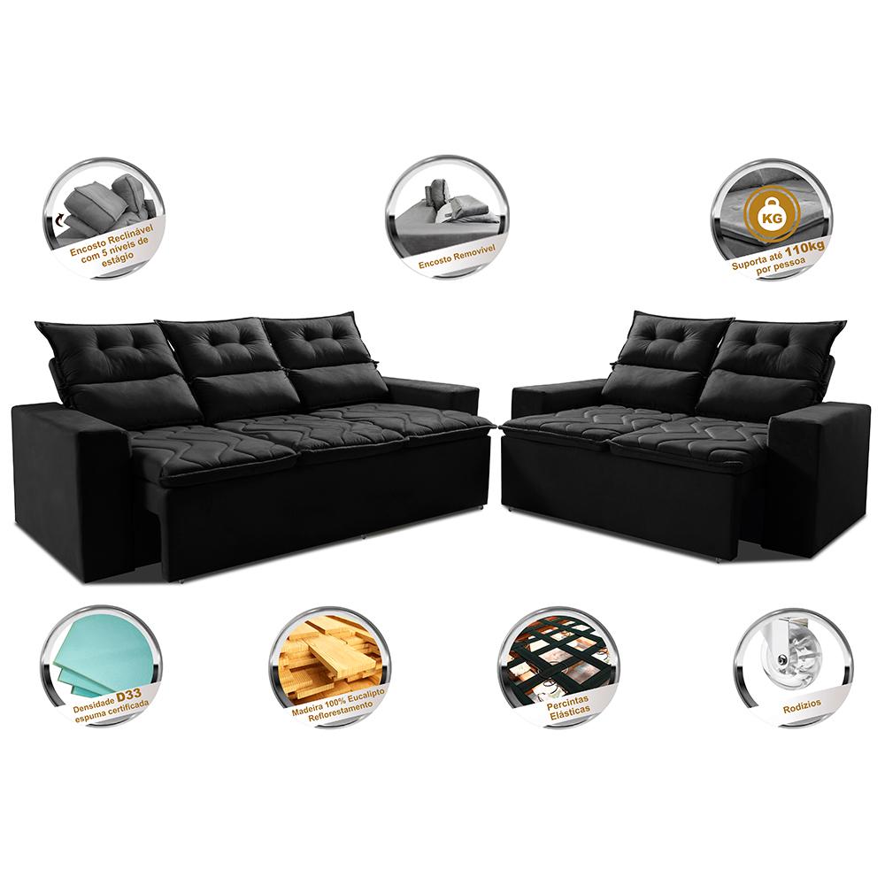 Conjunto de Sofá 3 e 2 Lugares Retrátil e Reclinável 2,00x1,50m Cama inBox Smal Suede Preto