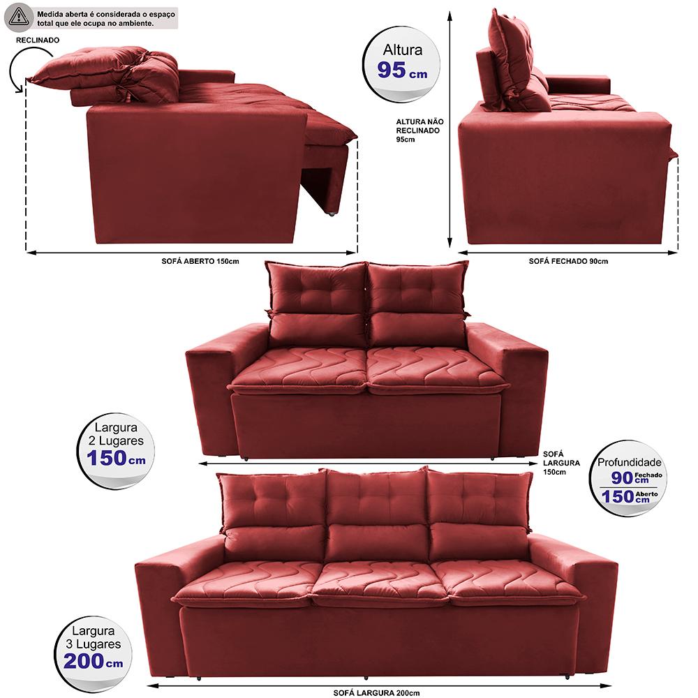 Conjunto de Sofá 3 e 2 Lugares Retrátil e Reclinável 2,00x1,50m Cama inBox Smal Suede Vermelho