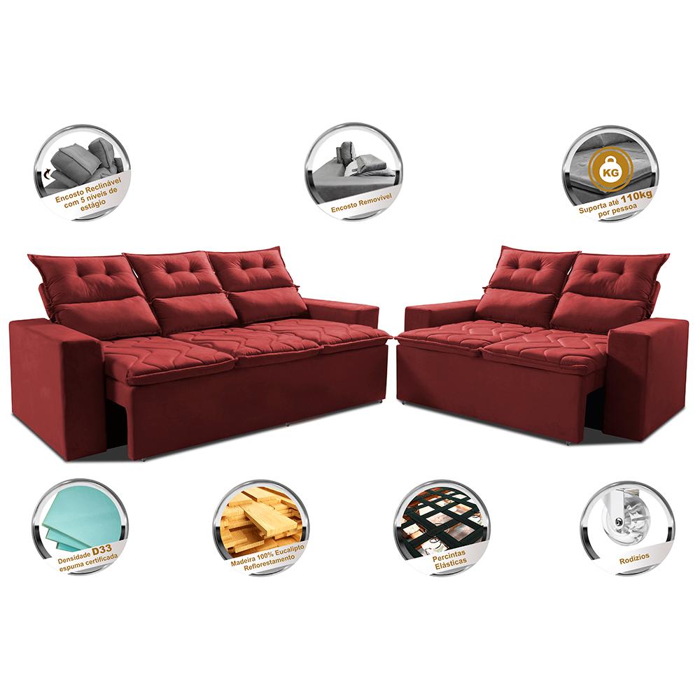 Conjunto de Sofá 3 e 2 Lugares Retrátil e Reclinável 2,00x1,50m Cama inBox Smal Suede Vermelho