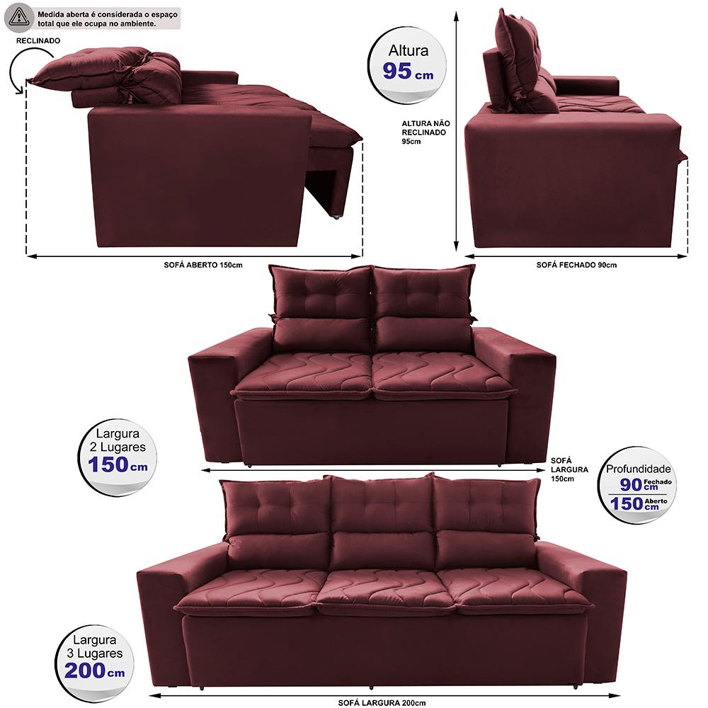Conjunto de Sofá 3 e 2 Lugares Retrátil e Reclinável 2,00x1,50m Cama inBox Smal Suede Vinho