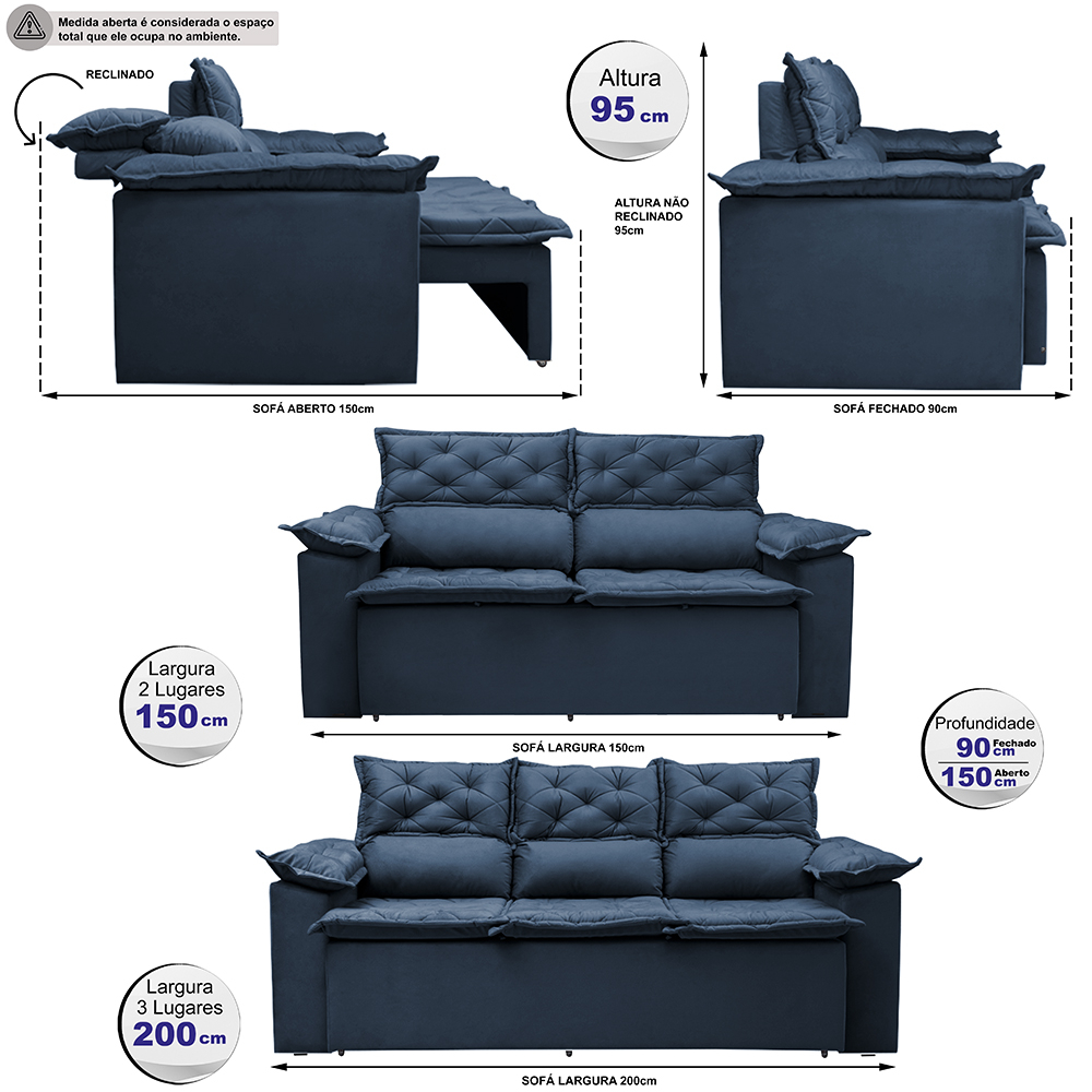 Conjunto de Sofá 3 e 2 Lugares Retrátil e Reclinável Cama inBox Compact 2,00x1,50m Velusoft Azul