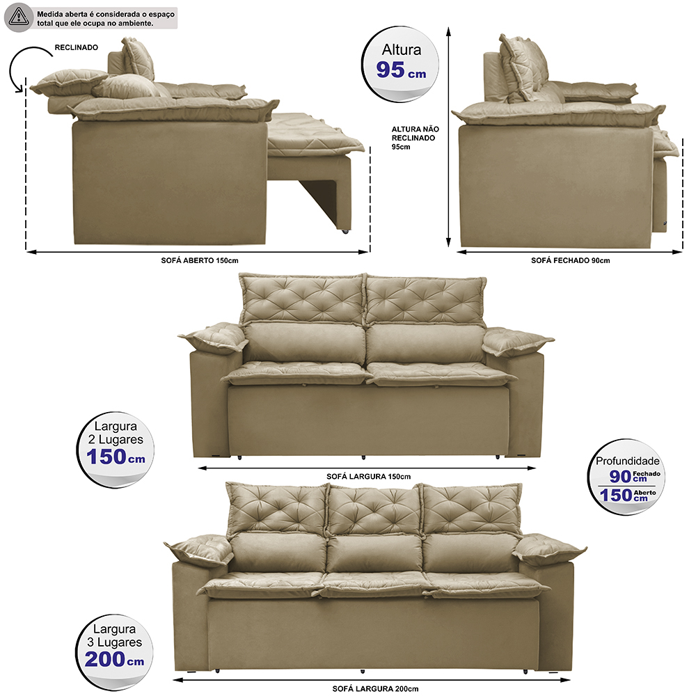 Conjunto de Sofá 3 e 2 Lugares Retrátil e Reclinável Cama inBox Compact 2,00x1,50m Velusoft Bege