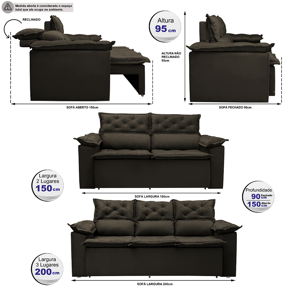 Conjunto de Sofá 3 e 2 Lugares Retrátil e Reclinável Cama inBox Compact 2,00x1,50m Velusoft Café