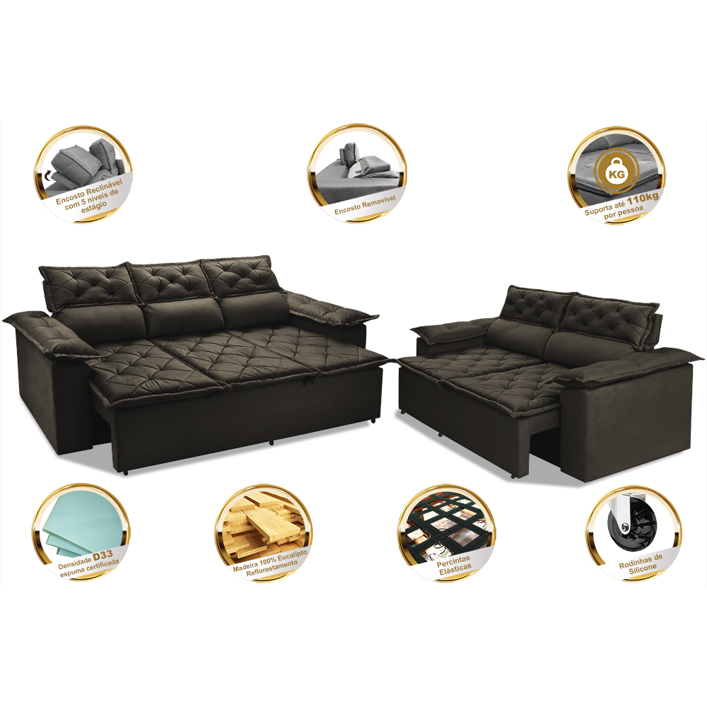 Conjunto de Sofá 3 e 2 Lugares Retrátil e Reclinável Cama inBox Compact 2,00x1,50m Velusoft Café